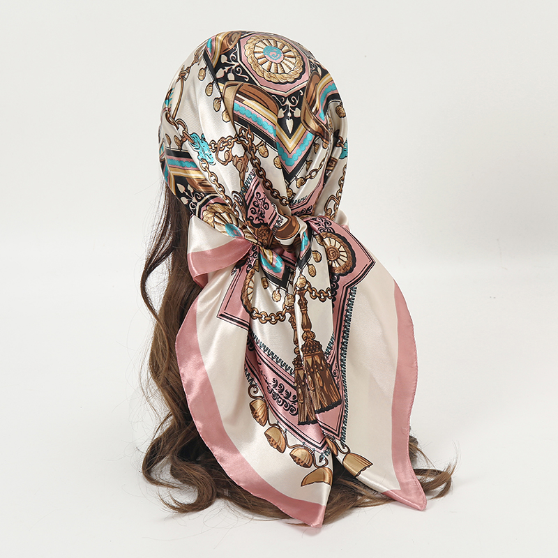 Women Accessories Chain - サテン正方形スカーフ女性イスラム教徒ヒジャーブエレガント 2026 チェーンプリントネッカチーフショールラップヘッドバンドハンドルヘアアクセサリーバンダナ