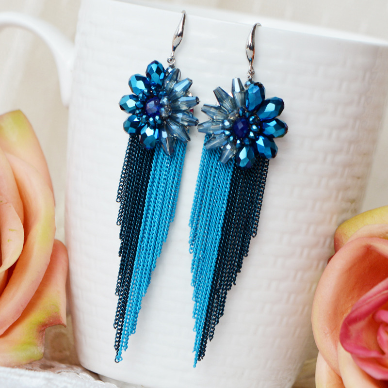 Tassel Earrings Boho - 米ビーズイヤリングタッセルクリスタル花ボヘミアパターン手織り合金女性のファッションシンプルビーズイヤリング