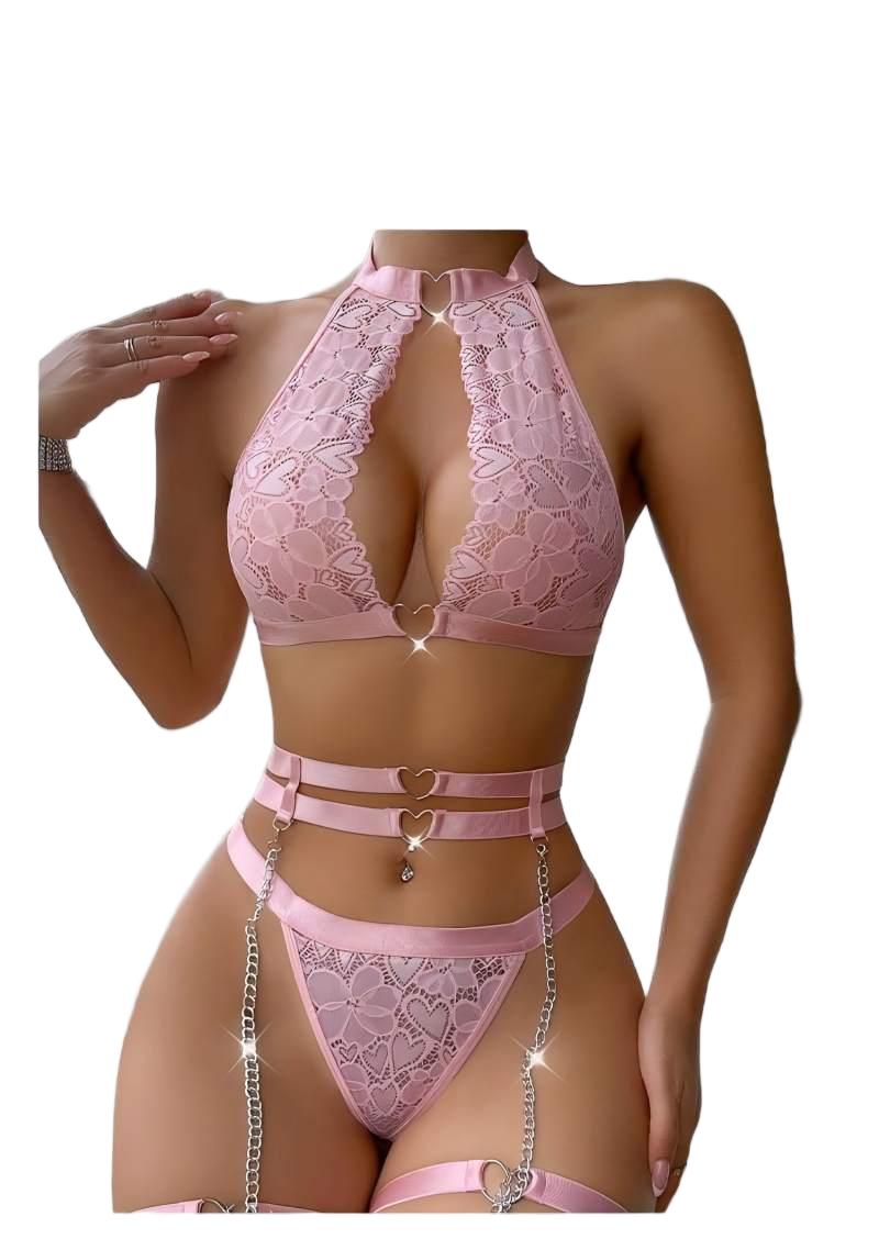 Accessories Woman - セクシーなランジェリーセット、プッシュアップレースガーターランジェリーセット（チョーカー付き）、女性用インナーウェア、アンダーワイヤーブラとTバック、レディース下着セット