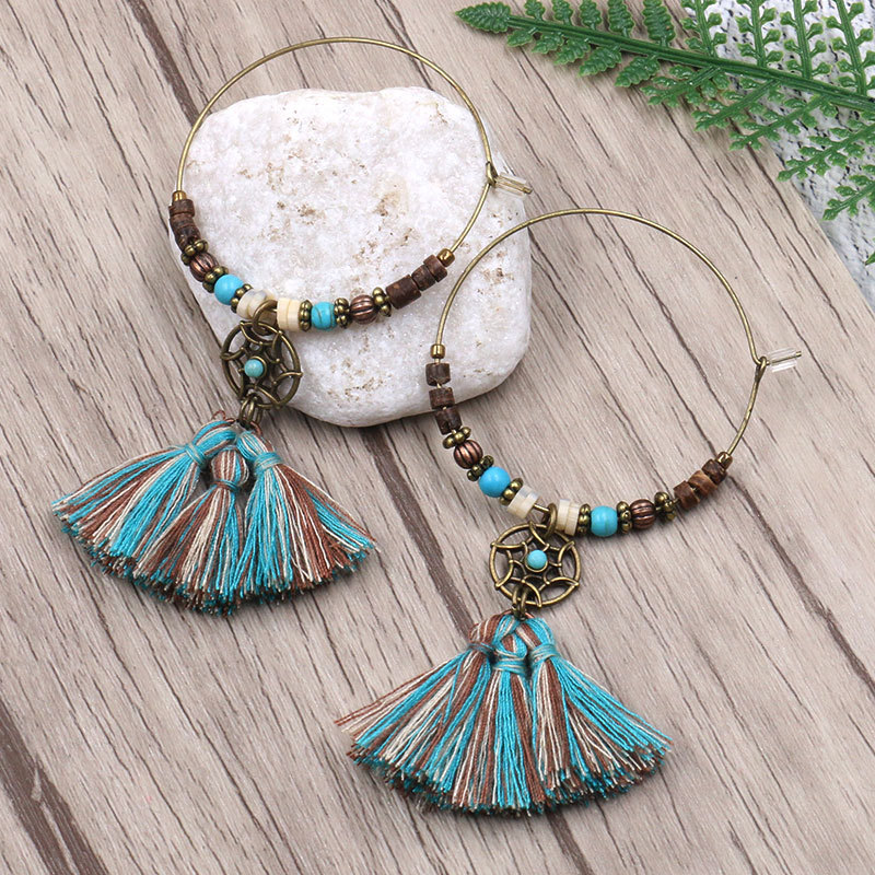 Tassel Earrings Boho - ボヘミアンドリームキャッチャー綿タッセルペンダントフープイヤリング女性のための自由奔放に生きるエスニックビーズビッグ Circel ドロップ耳カフイヤリングジュエリー
