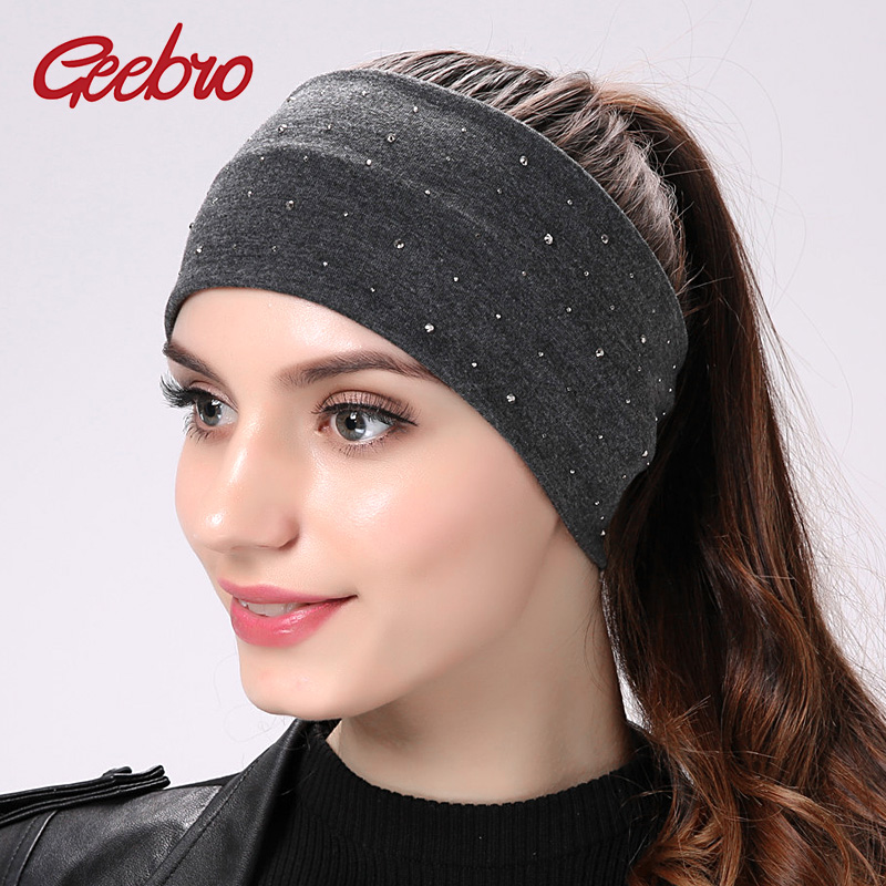 Accessories Brand For Women - Geebro ブランドの女性のラインストーンヘッドバンドファッション綿黒フラットヘッドバンド女の子のための弾性ターバンラップヘアアクセサリー