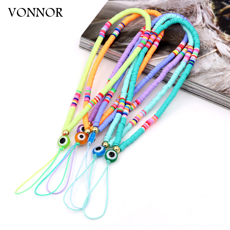 Women Accessories For Hand - VONNOR -手作りの携帯電話チェーン,色とりどりの粘土と邪眼のアクセサリー,紛失防止ストラップ