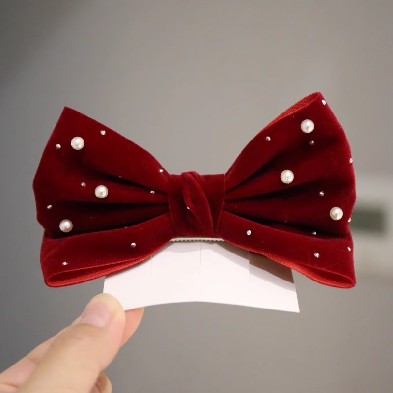 Accessories Brand For Women - 真珠のリボン付きヘアクリップ、メッシュベルベット、パーティーガール、ダンスヘアアクセサリー、ヘアクリップ、レッド、2025年