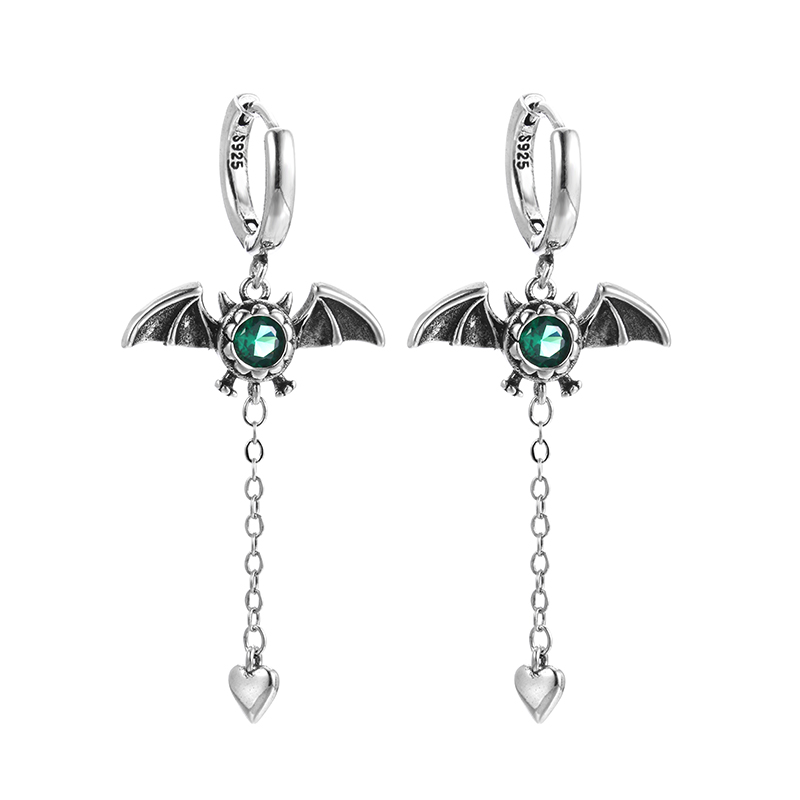 Tassel Earrings Boho - 新着エレガントな悪魔バットデザイングリーンクリスタル 925 シルバー針レディースタッセルスタッドピアスジュエリーアクセサリーギフト
