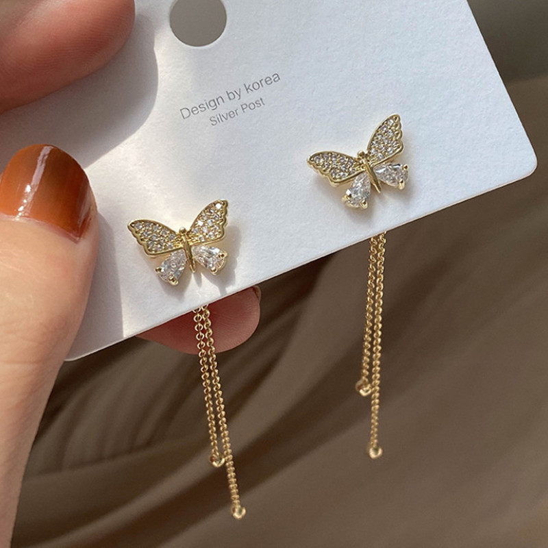 Tassel Earrings Boho - 新しい韓国の気質ロングタッセル蝶ドロップイヤリングエレガントなクリスタルぶら下げ女性のイヤリングファッションパーティージュエリーギフト