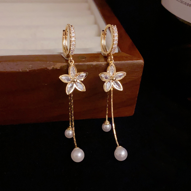 Tassel Earrings Boho - 高級ジルコンフラワーパールタッセルイヤリング エレガントで可愛らしい万能な繊細なファッションドロップイヤリング 女性用 結婚式 卸売