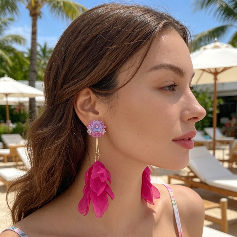 Tassel Earrings Boho - 新しいファッションフラワータッセルクリップオンイヤリング女性用ノンピアス手作りガラスビーズ生地イヤークリップホリデージュエリーギフト