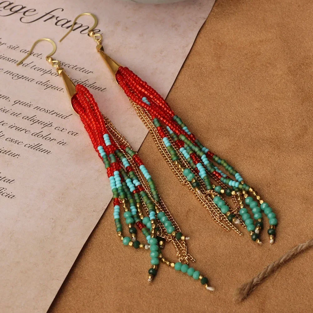 Tassel Earrings Boho - ビーズイヤリングネイションタイドタッセル手編み個性ボヘミアシンプルな女性のオリジナリティ合金ライスビーズイヤリング
