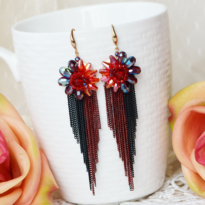 米ビーズイヤリングタッセルクリスタル花ボヘミアパターン手織り - Tassel Earrings Boho のレビューと価格