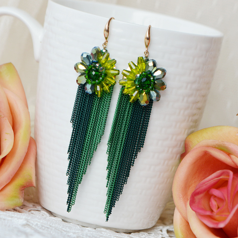 米ビーズイヤリングタッセルクリスタル花ボヘミアパターン手織り - Tassel Earrings Boho のレビューと価格
