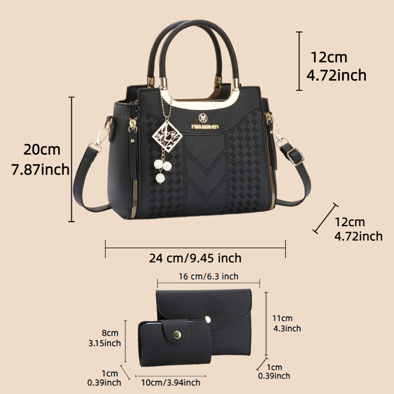 ライチ柄PUレザー製の3ピースハンドバッグセット。 この無地 - Women'S Accessories For Suit のレビューと価格