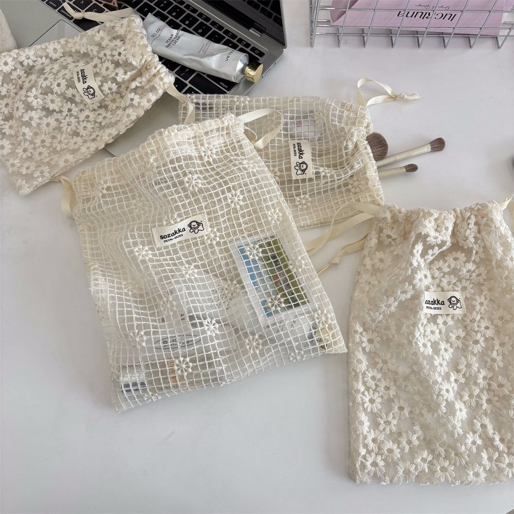レース刺繍デイジーメッシュ巾着メイクアップバッグ夏旅行用トイ - Women Accessories Products のレビューと価格