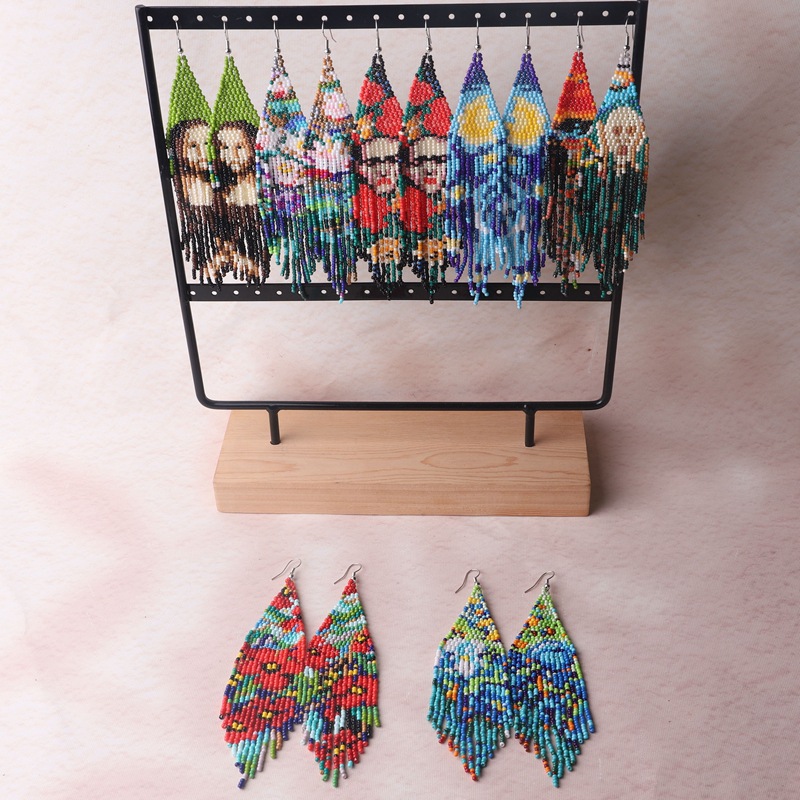 米ビーズイヤリングタッセル人面ボヘミアフラワー手編みオリジナ - Tassel Earrings Boho のレビューと価格