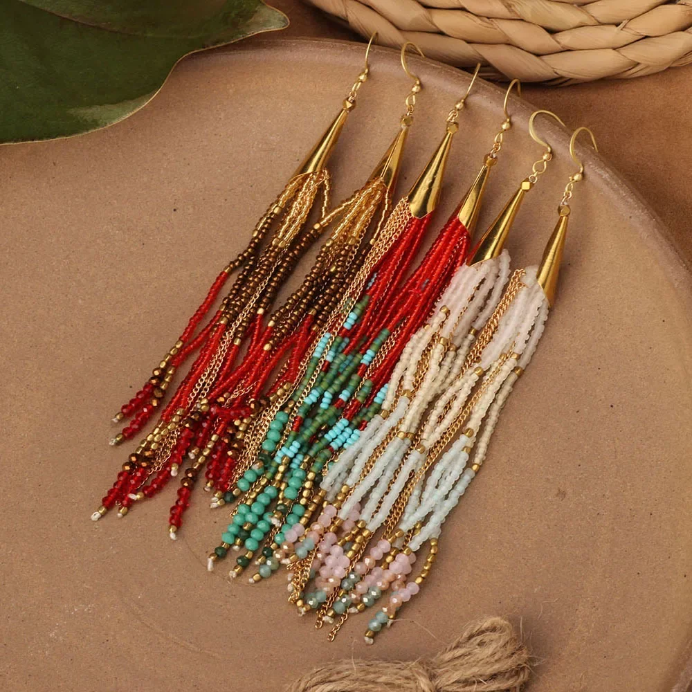 ビーズイヤリングネイションタイドタッセル手編み個性ボヘミアシ - Tassel Earrings Boho のレビューと価格