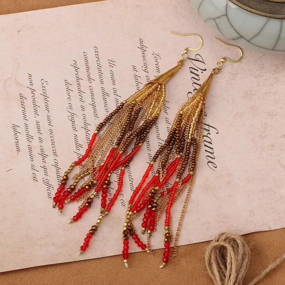ビーズイヤリングネイションタイドタッセル手編み個性ボヘミアシ - Tassel Earrings Boho のレビューと価格